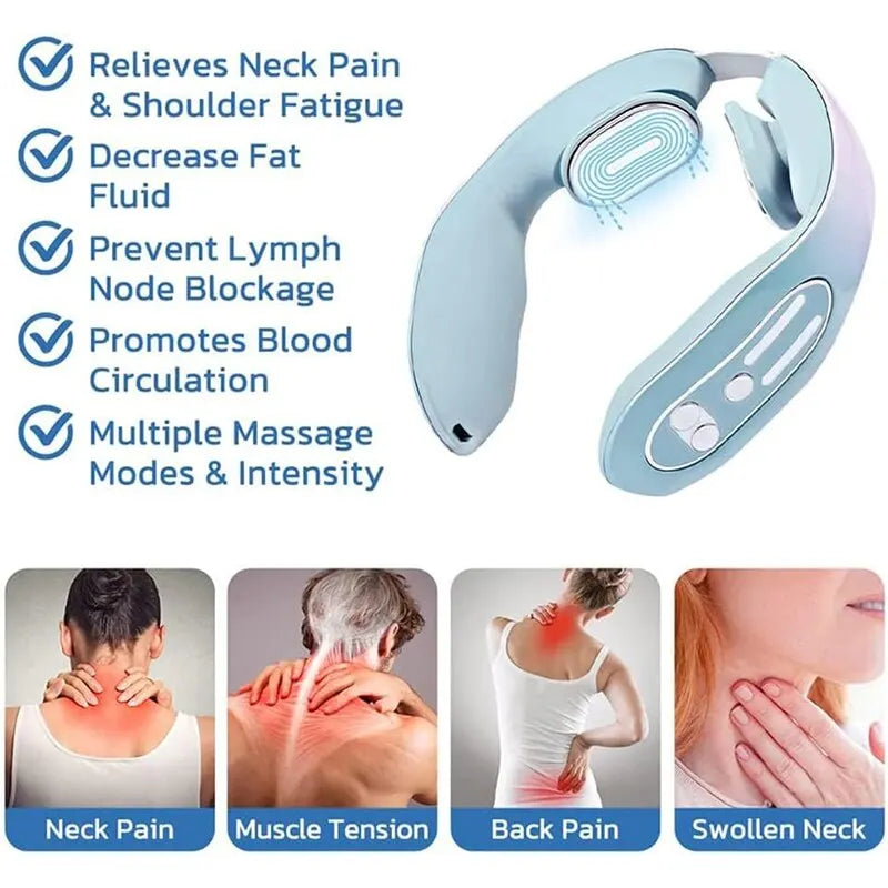 Neck Massager Cervical Massage Instrument Micro Current Pulse Vibration Kneading And Neck Physical Therapy Blue Hot Compress Rel