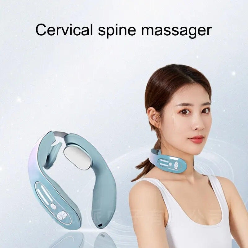 Neck Massager Cervical Massage Instrument Micro Current Pulse Vibration Kneading And Neck Physical Therapy Blue Hot Compress Rel