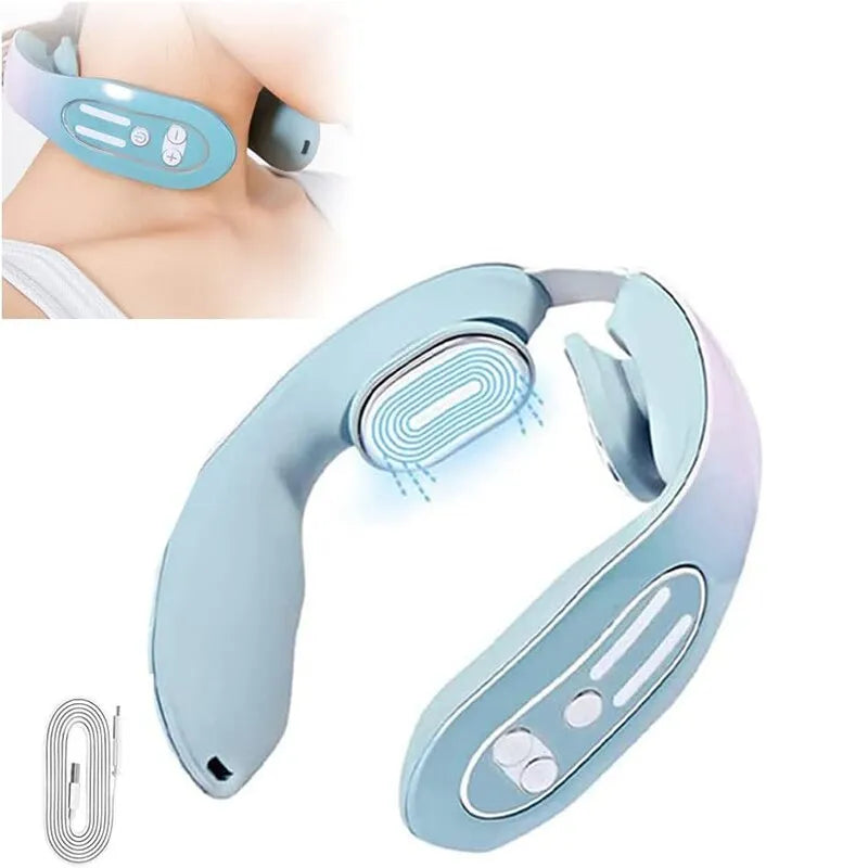 Neck Massager Cervical Massage Instrument Micro Current Pulse Vibration Kneading And Neck Physical Therapy Blue Hot Compress Rel